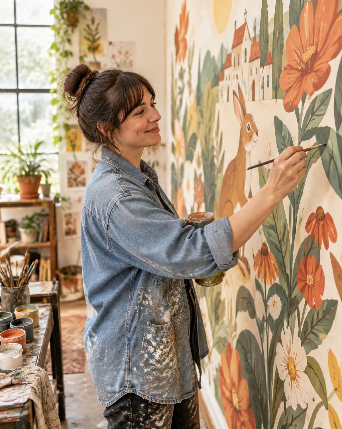 Mural artist painting a colorful wall mural