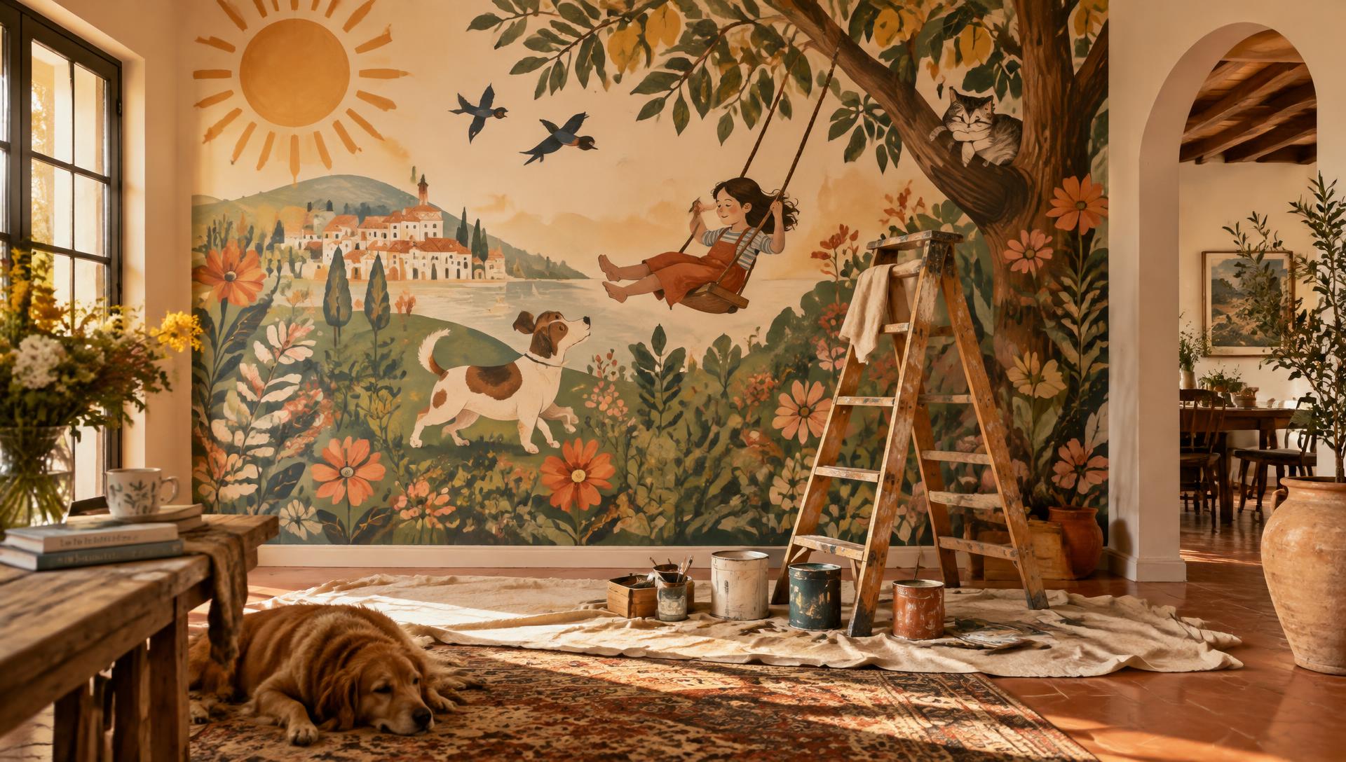 A colorful hand-painted mural in a warm, sunlit room