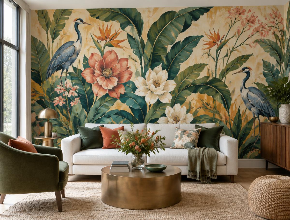 Botanical and bird feature wall mural in a living room