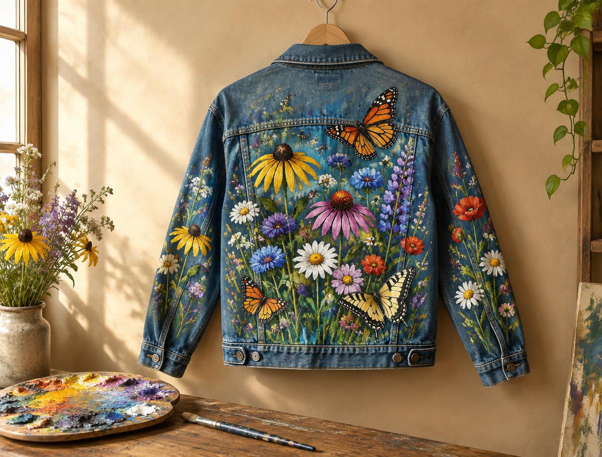 Denim jacket hand-painted with wildflowers and butterflies
