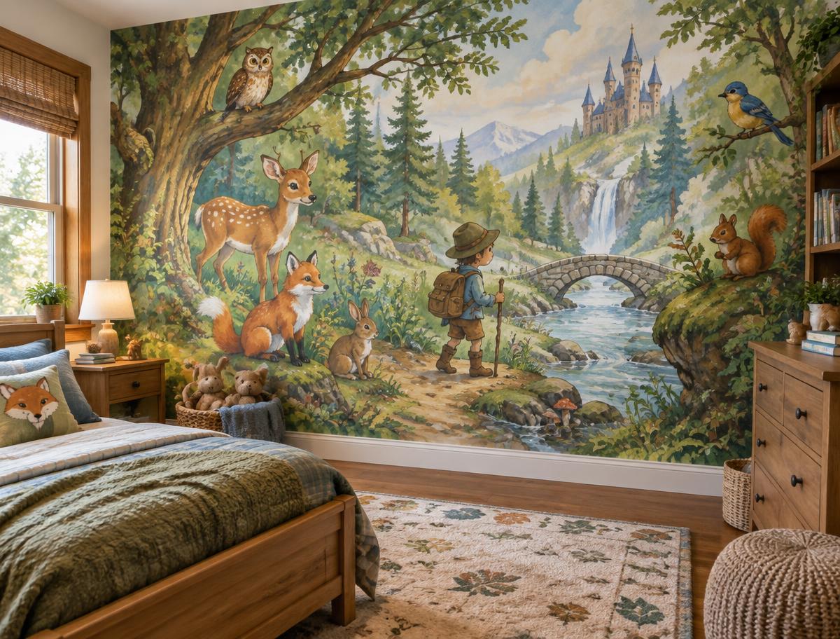 Enchanted woodland mural in a child's bedroom