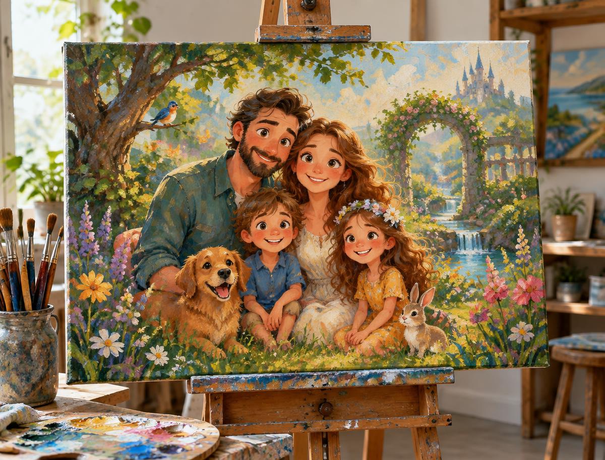 Whimsical painted family portrait displayed on an easel