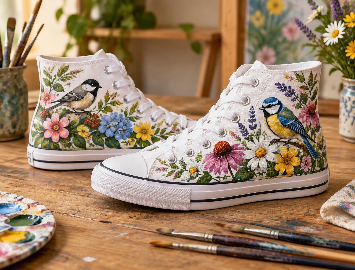 White high-top shoes hand-painted with birds and flowers